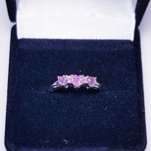 10k white gold 3 heart pink sapphire diamond ring